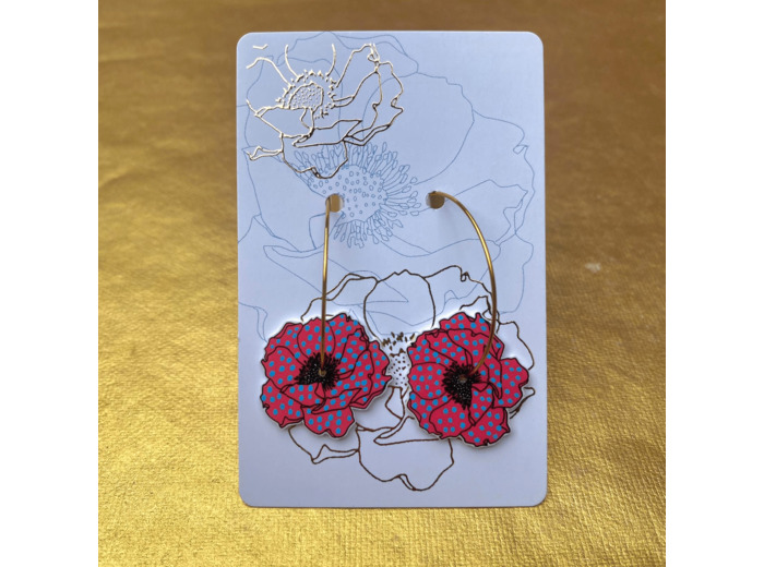 Boucles d'oreilles créoles anémone coloris rose à pois bleus