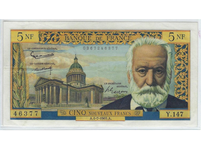 FRANCE 5 NOUVEAUX FRANCS VICTOR HUGO 1-7-1965 SERIE Y.147 TTB+