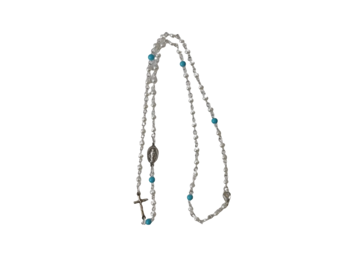 Collier Perles 4mm Croix + Médaille MIRACULEUSE - BLANC