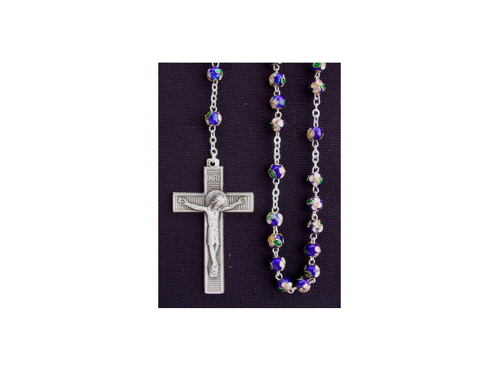 Chapelet CLOISONNE  chaine et croix argentées- BLEU