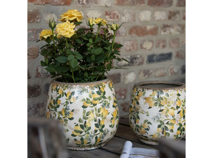 Pot de fleurs d'intérieur beige jaune en céramique motif citron 15x15cm