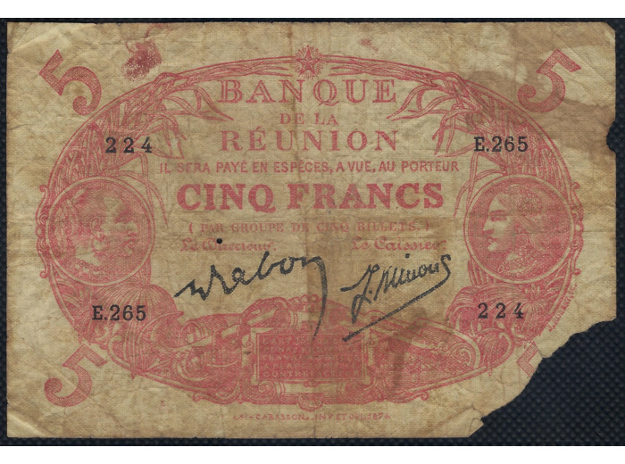 BANQUE DE LA REUNION 5 FRANCS CABASSON non daté E.265 AB (Pick 14)