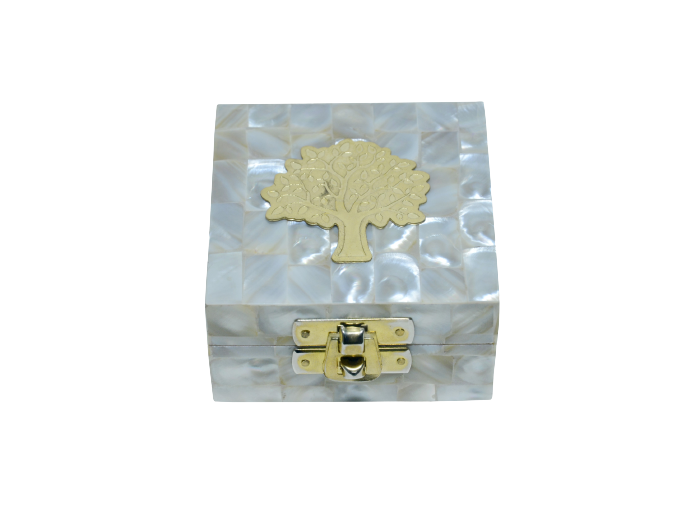 Boîte à Chapelets carrée revêtement nacre Arbre de Vie 8x8xHt4.5cm