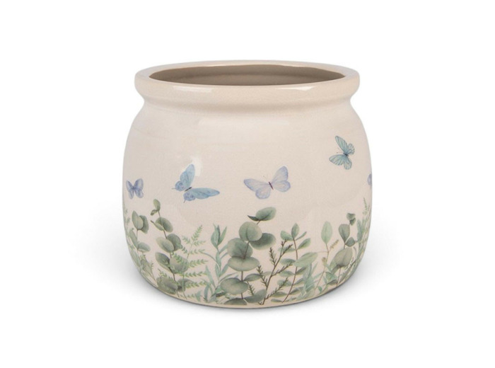 Pot de fleurs rond beige céramique papillons 16x13cm