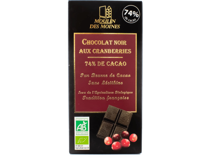 Tablette de Chocolat Noir 74% aux Cranberries Bio 100g