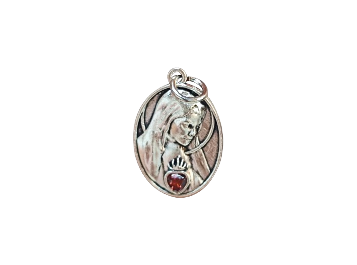 Médaille Ovale 19mm en Métal Argenté + zirconium- Sacré Coeur Marie