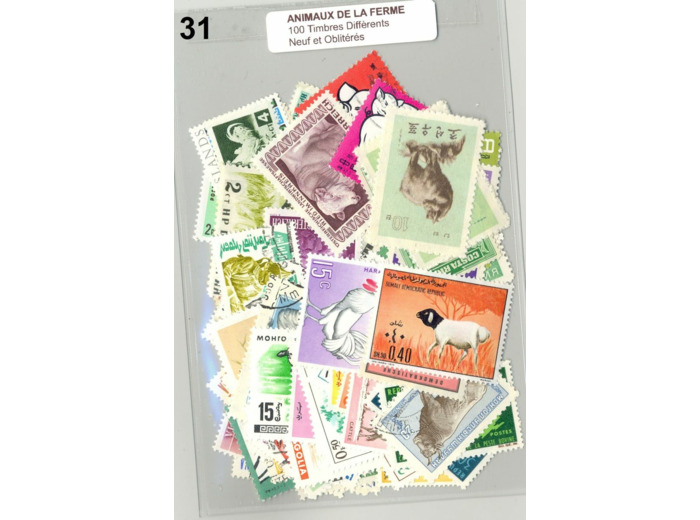 100 TIMBRES ANIMAUX DE LA FERME DIFFERENTS NEUF ET OBLITERES *31