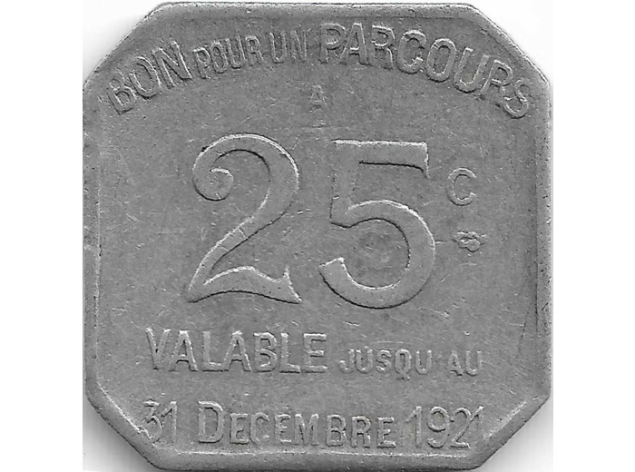 75 PARIS - PARIS 25 CENTIMES TRANSPORT EN COMMUN 1921 TTB