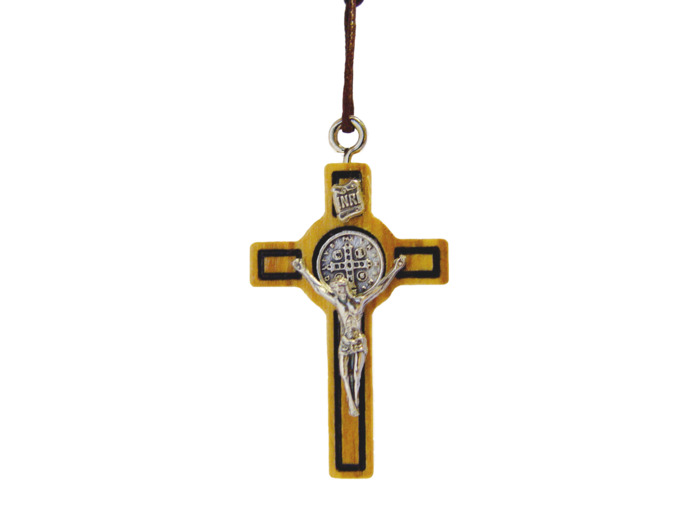 Croix de Saint Benoît en Olivier 7cm +LACET + BOITE