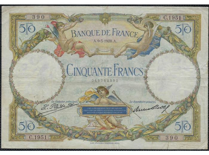 FRANCE 50 FRANCS L.O. MERSON 9-3-1928 C.1951 TB+
