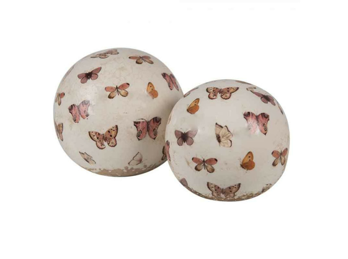 Décoration boule beige papillons céramique 10x10cm