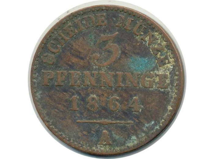 ALLEMAGNE PRUSSE 3 PFENNIG 1864 A TTB Oxydation (W482)