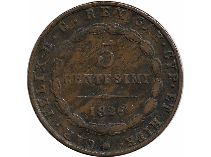 ITALIE 5 CENTESIMI SARDAIGNE 1826 MV P TB+