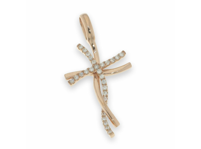 Croix torsadée en Argent 925 Plaqué-or Rose 2,2x1,8cm + Zirconiums