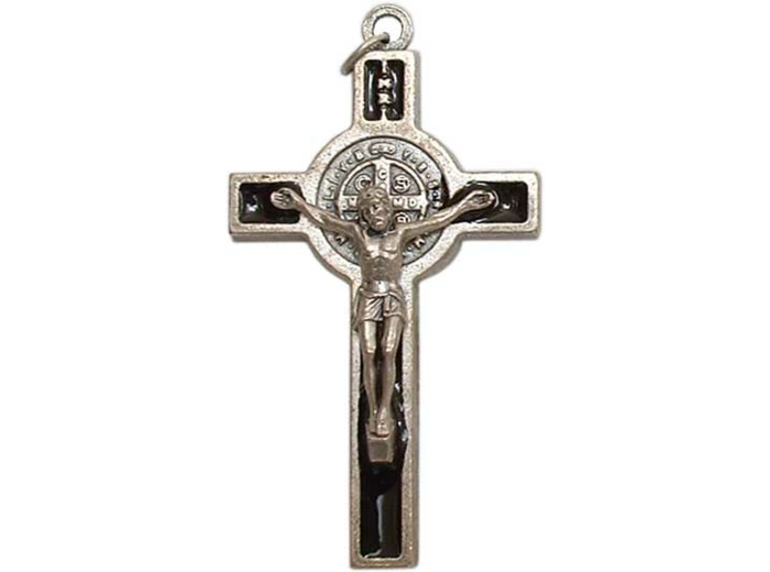 Croix St Benoît 53X29mm émail ARGENTÉ résine MARRON