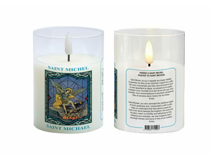 Bougie LED 7.5x10cm - Saint Michel + Prière - Vendue sans pile