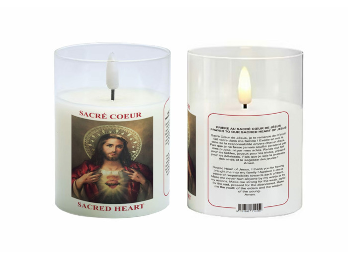 Bougie LED 7.5x10cm - Sacré Coeur + Prière - Vendue sans pile