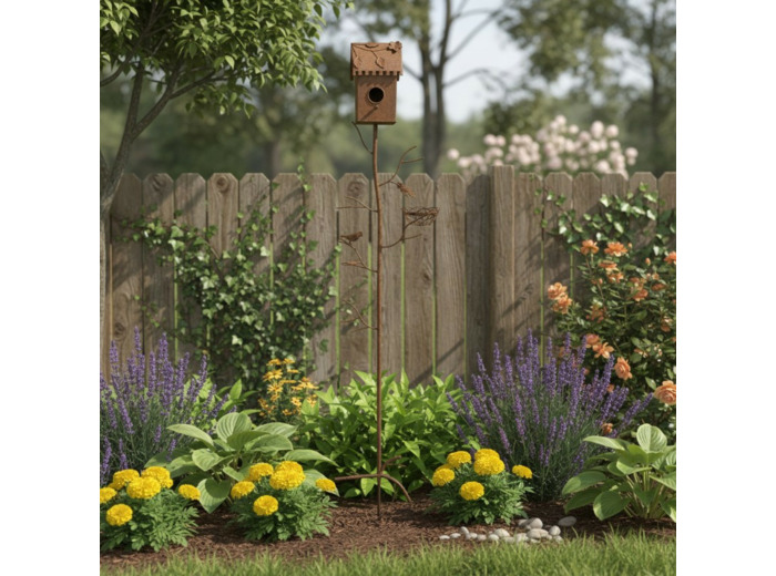 Tuteur nichoir oiseaux rouille 150x15x24cm