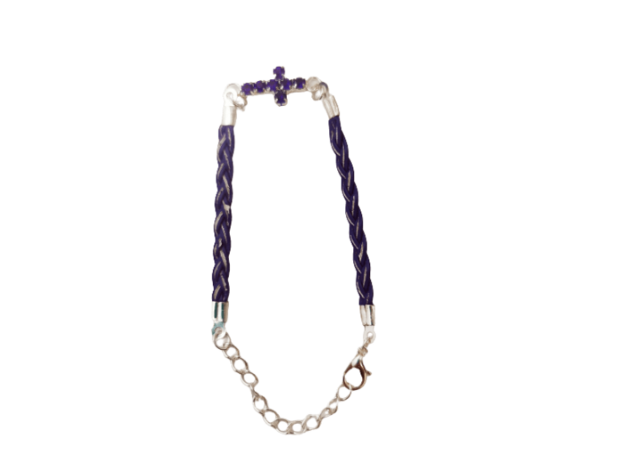 Bracelet métal argenté /simili cuir bleu - croix strass bleus