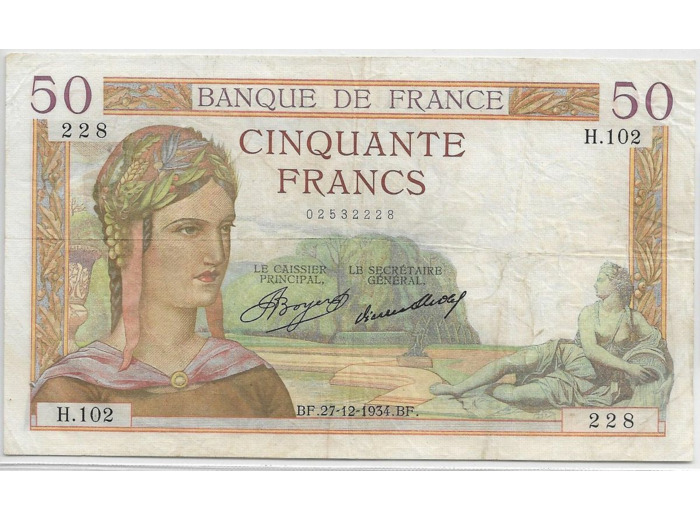 FRANCE 50 FRANCS CERES SERIE H.102 27-12-1934 TTB