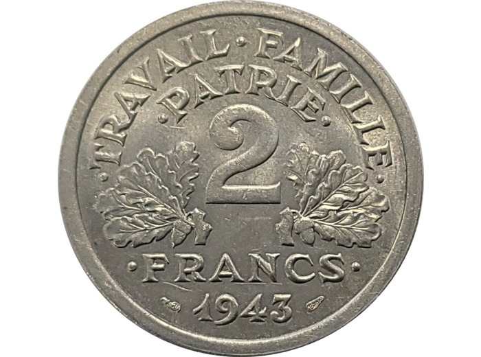 FRANCE 2 FRANCS BAZOR ALUMINIUM 1943 SUP (G536)
