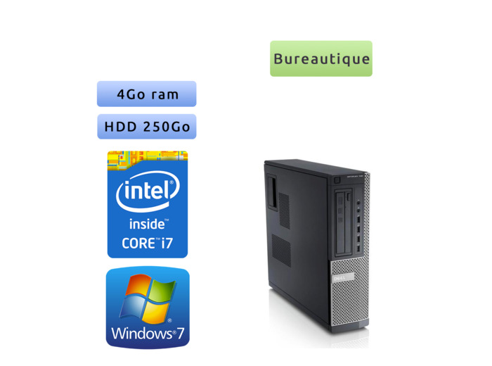 Dell Optiplex 790 DT - Windows 7 - i7 4Go 250Go - Ordinateur Tour Bureautique PC