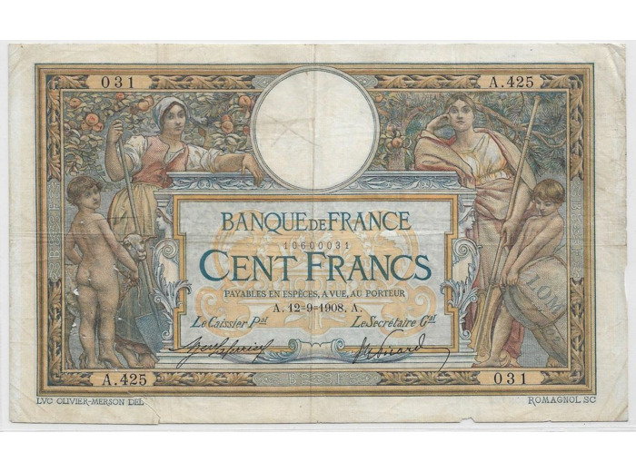 FRANCE 100 FRANCS L.O.M AVEC LOM SERIE A.425 12-9-1908 TB+