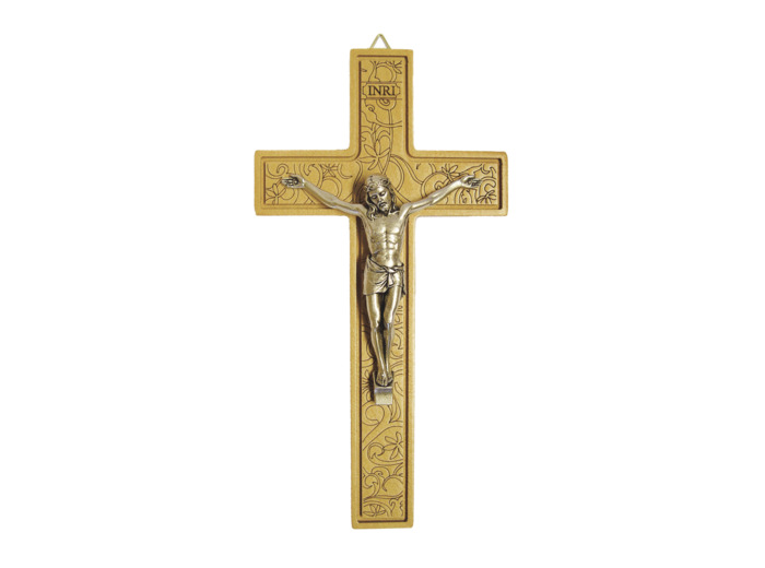 Crucifix 20cm en Bois avec Christ en Métal Argenté Motif Fleurs