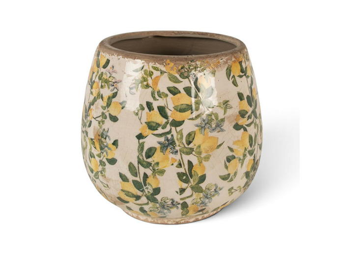 Pot de fleurs d'intérieur beige jaune céramique motifs citrons 8x17cm