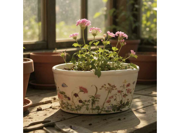 Pot de fleurs ovale beige rose céramique 27x13x14cm