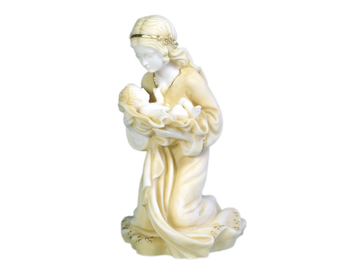 Vierge à l'Enfant - Statue en albâtre 15cm -Beige et Or