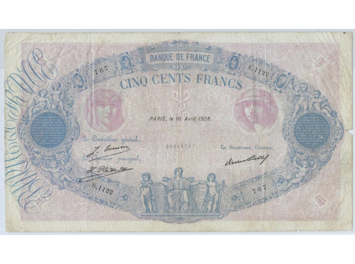 FRANCE 500 FRANCS BLEU ET ROSE 16 AVRIL 1928 S.1122 TB+ manque