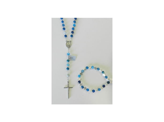 Coffret Chapelet +bracelet-dizainier argenté- AGATE BLEUE