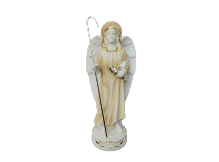 St Raphaël - Statue en albâtre 20cm - Beige et Or
