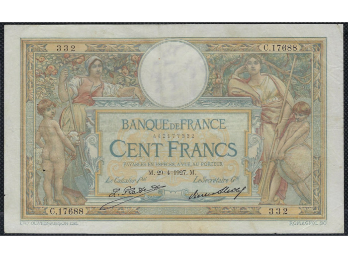 FRANCE 100 FRANCS MERSON sans LOM 29-4-1927 C.17688 TTB (F24/06)