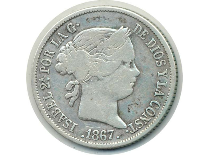 ESPAGNE 40 CENTIMOS 1867 Madrid (étoiles 6 pointes) ISABEL II TB+ (W628.2)