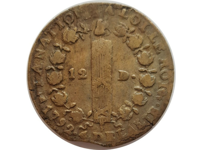 FRANCE 12 DENIERS FRANÇOIS 1792 an 4 T (Nantes) TB+ 12gr88