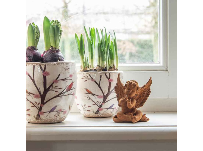 Pot de fleurs motif floral beige céramiques 14x14x14cm