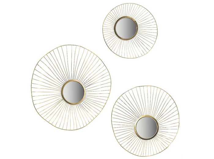 Ensemble de 3 Miroirs Muraux Soleil Ondulants en Acier Doré 66x14x65cm