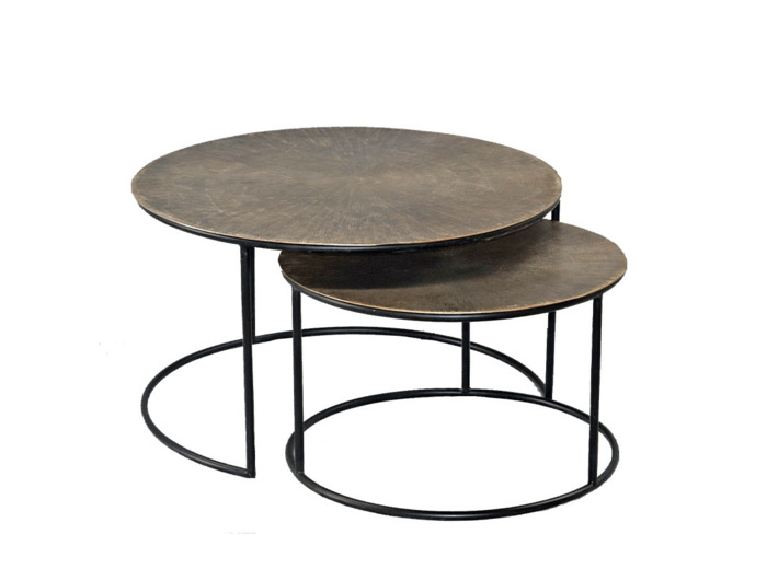 Ensemble de 2 tables basses gigognes aluminium dorées noires 76x43cm