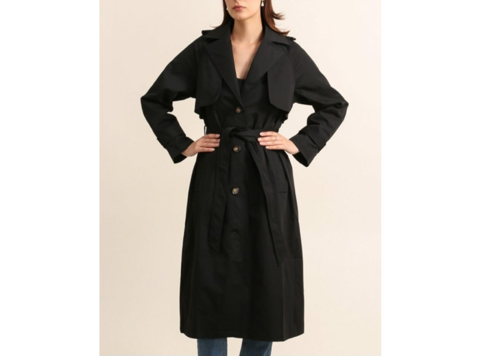 Trench noir long femme – manteau ceinturé chic et intemporel