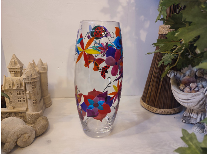 Grand Vase multicolore peint à la main sur le thème des coccinelles et des papillons