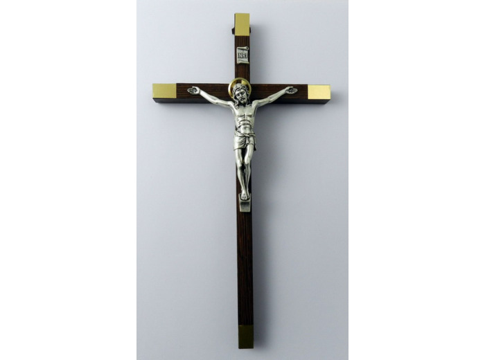 Crucifix WENGE 23cm - Christ argenté auréole dorée