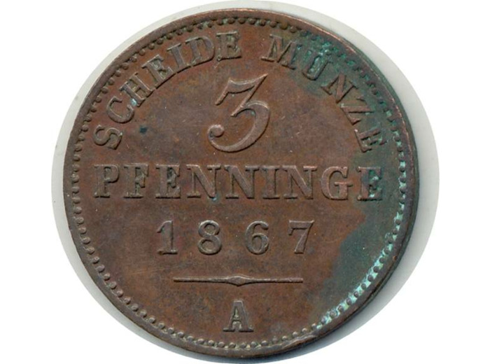 ALLEMAGNE PRUSSE 3 PFENNIG 1867 A oxydation TTB+(W482)