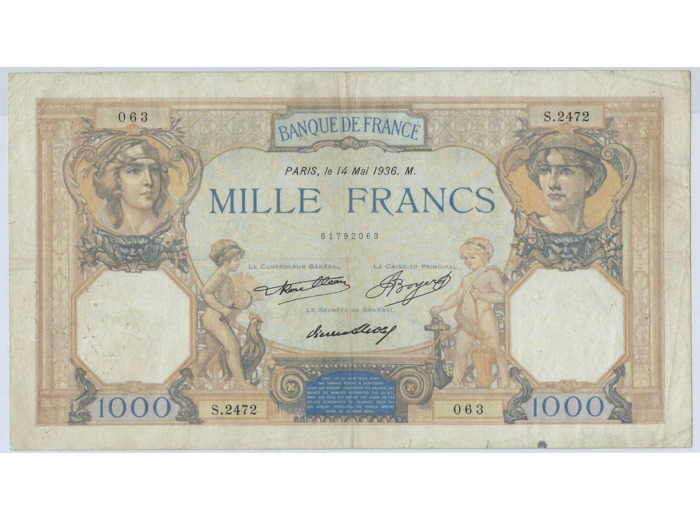 FRANCE 1000 FRANCS CERES ET MERCURE 14 MAI 1936 S.2472 TTB-
