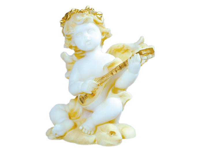 Statue en albâtre 9cm - ANGE MUSICIEN GUITARE Beige et Or