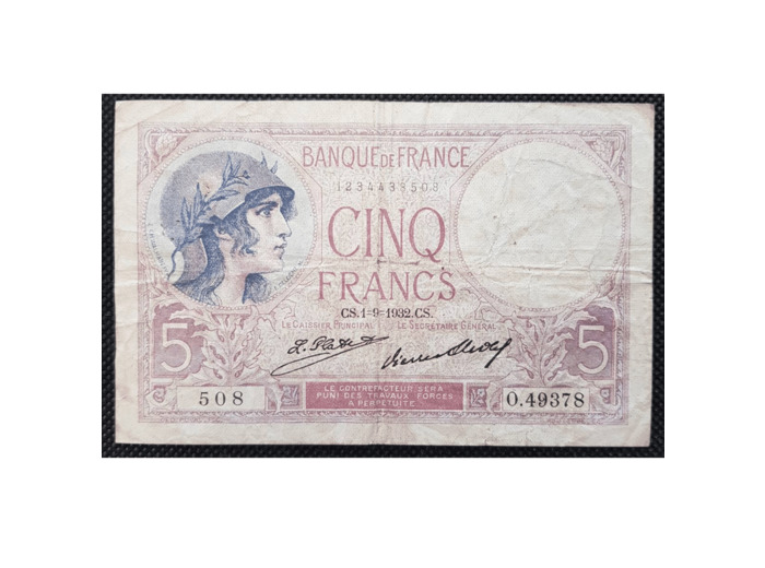 FRANCE 5 FRANCS VIOLET 1-9-1932 O.49378 TB+ F 03/16