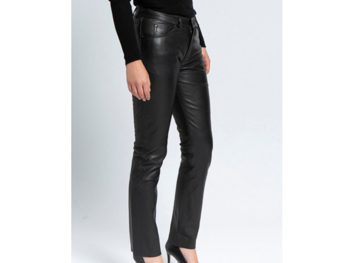 0709-23 Pantalon slim femme cuir noir