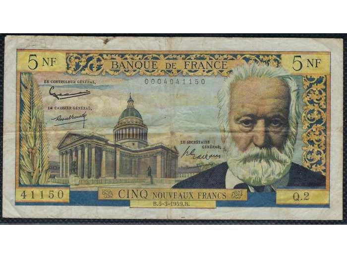 FRANCE 5 NOUVEAUX FRANCS VICTOR HUGO 5-3-1959 Q.2 TB+
