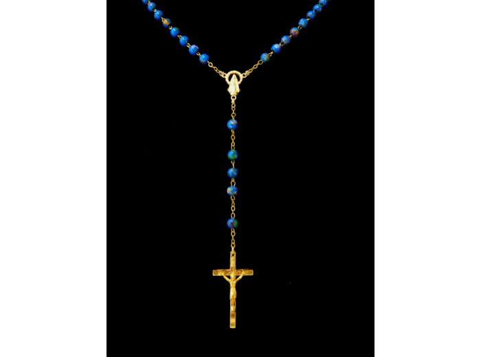 Chapelet grain rond doré verre bleu chiné- coeur 8/M/5dor